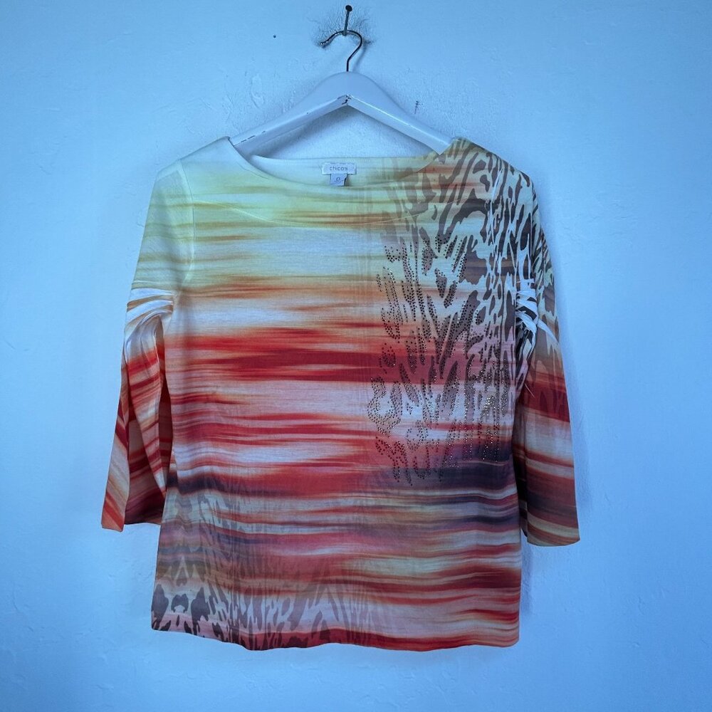 Chico's Womens 3/4 Sleeve Boat Neck Top Size 0 Multicolor Animal Print Casual